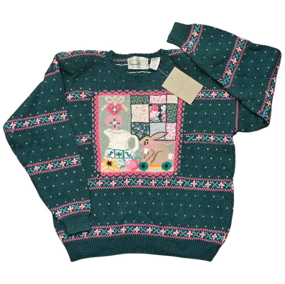 *VTG/NWT* NORTHERN ISLES Vintage Spring Bunny With Quilt Cottagecore Sweater